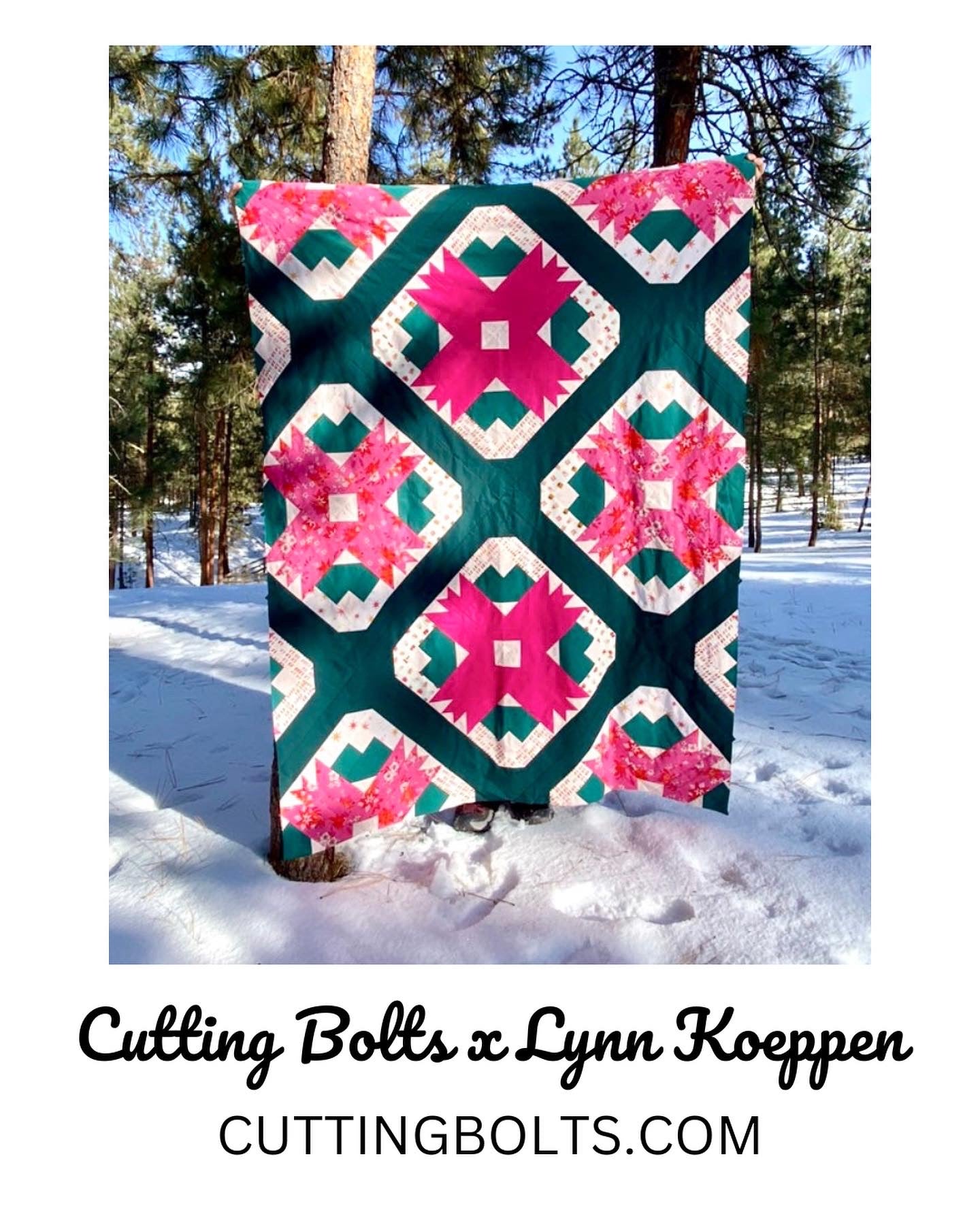 Wasatch quilt. A quilt with a repeating motif that appears similar to a mountain capped with snow above green strips. Blocks set on point. Rotated so blocks appear as a trellis design. Made with pink, green, and white fabric. Cutting Bolts kit by Lynn Koeppen.