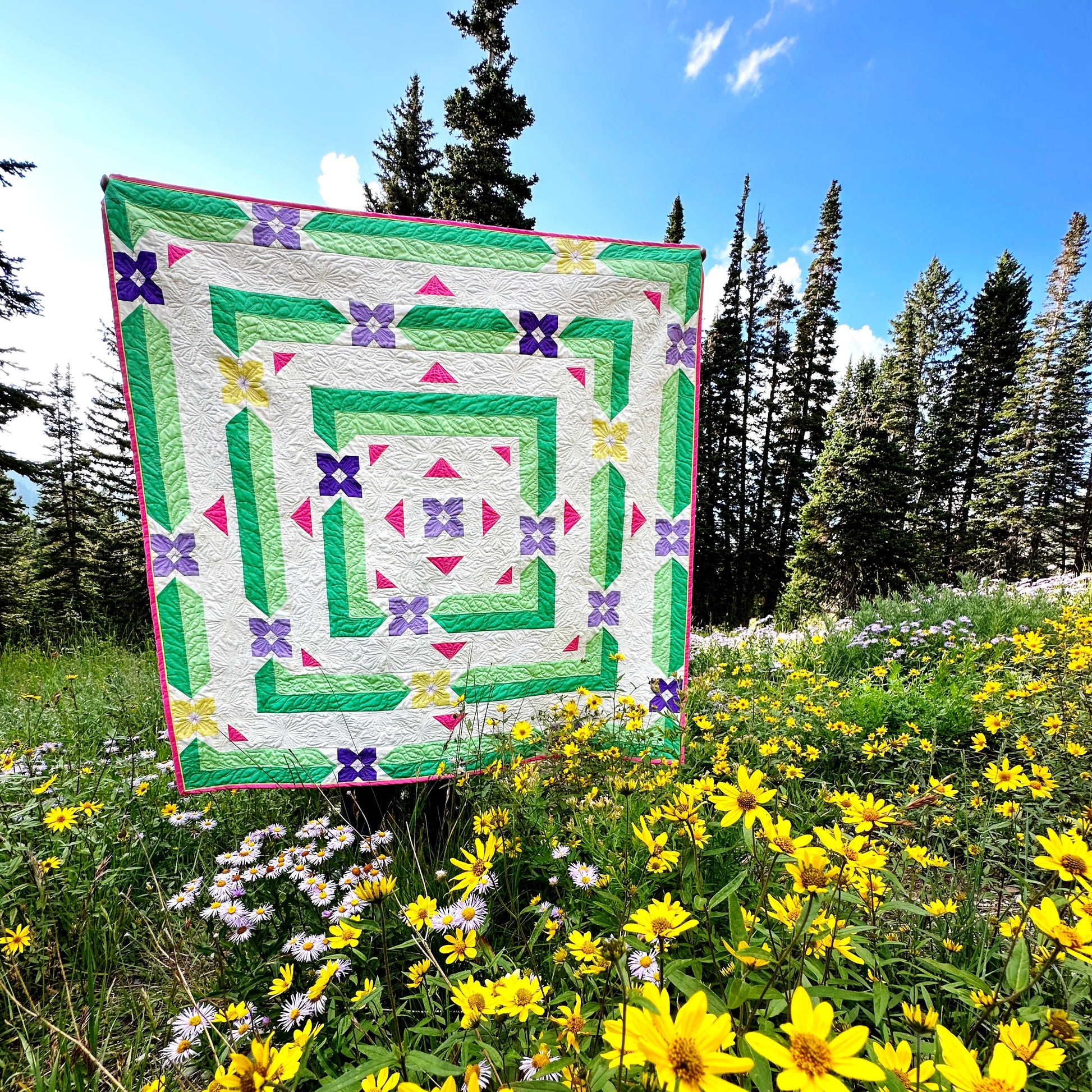 Albion Blooms quilt. A geometric quilt with small flower motifs surrounded by repeating medallion strips and triangles. Made in purple, pink, yellow, and green fabrics on a white background. Displayed outdoors in a field of wildflowers and trees.