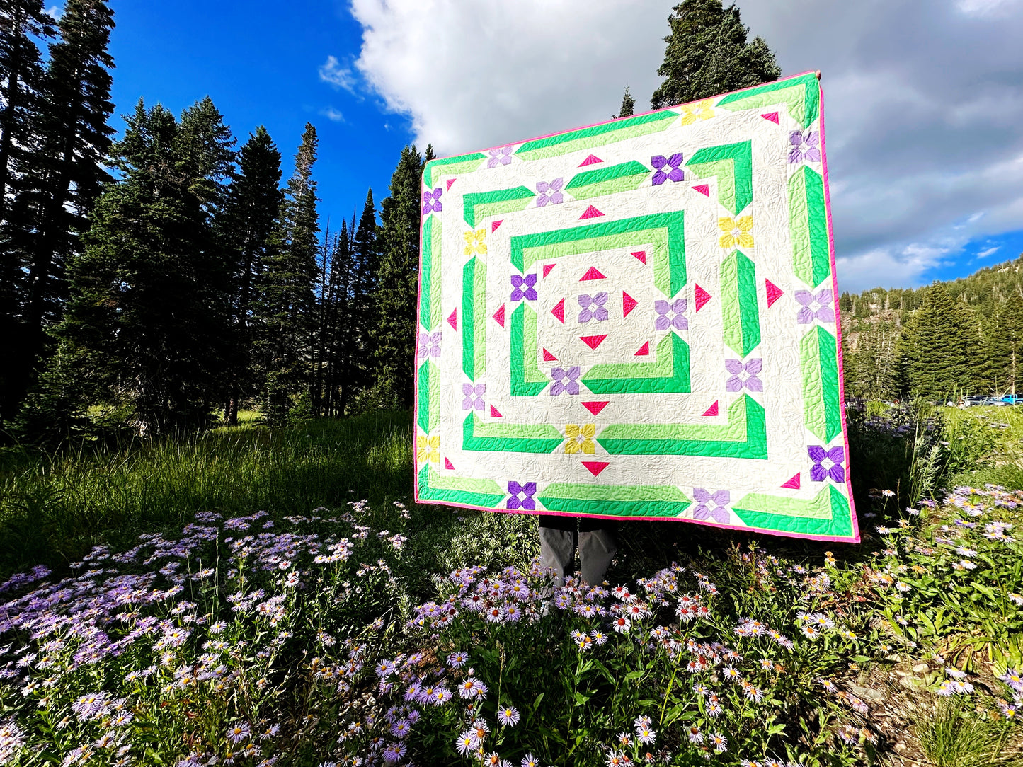 Albion Blooms quilt. A geometric quilt with small flower motifs surrounded by repeating medallion strips and triangles. Made in purple, pink, yellow, and green fabrics on a white background. Displayed outdoors in a field of wildflowers and trees. 