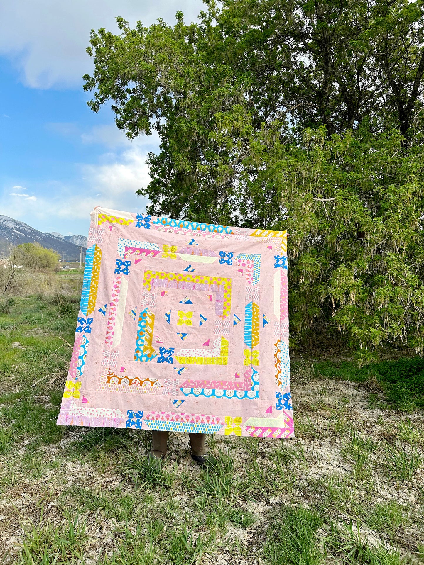 Albion Blooms quilt. A geometric quilt with small flower motifs surrounded by repeating medallion strips and triangles. Made in purple, pink, yellow, blue, and brown fabrics on a light pink background. Displayed outdoors in a green field next to a green tree.