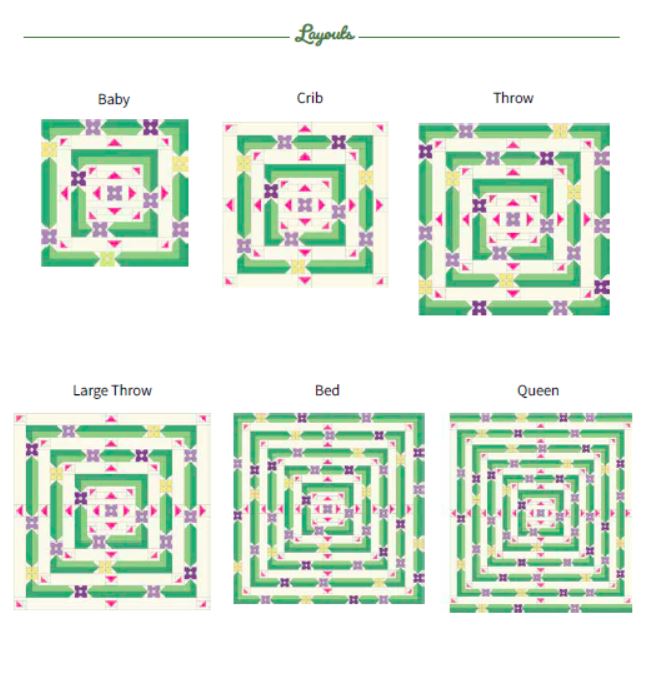 Albion Blooms quilt layouts. A geometric quilt with small flower motifs surrounded by repeating medallion strips and triangles. Made in purple, pink, yellow, and green fabrics on a white background. Baby, crib, throw, large throw, bed, and queen size layouts.