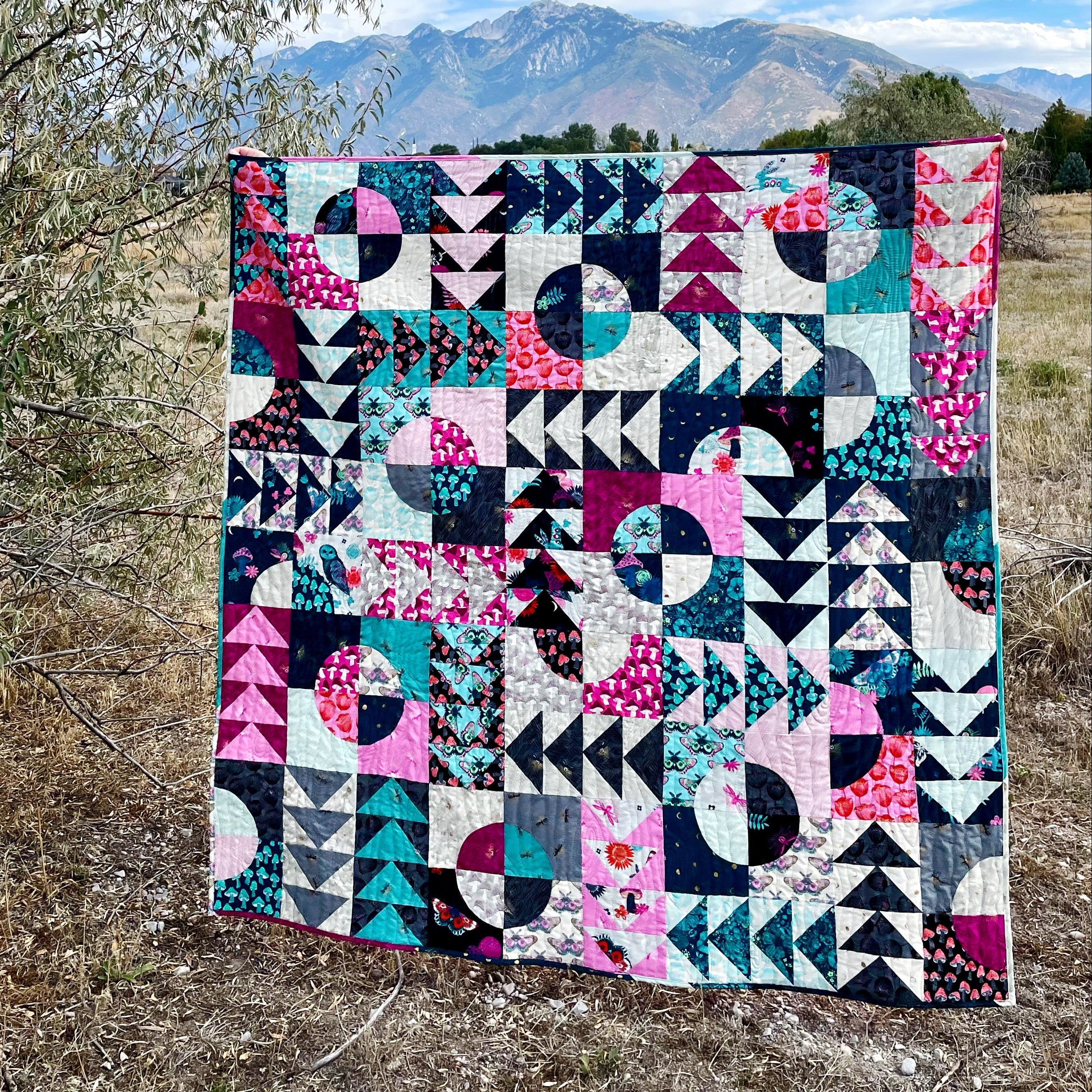 Carrol's Garden Quilt  made with Firefly fabrics by Ruby Star Society. A high-contrast blue, magenta, black, and white quilt made with curves and flying geese components. Background is a mountain landscape.