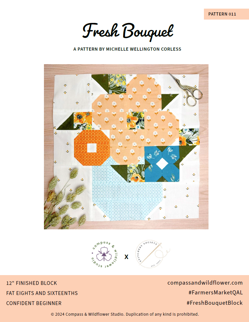 Pattern cover for Fresh Bouquet, a sewing pattern by Michelle Wellington Corless, featuring a finished floral quilt block design on a light wood background with decorative leaves and scissors.