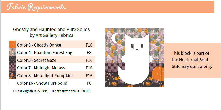 Moonbound Meows quilt block fabric requirements.  This block is part of the Nocturnal Soul Stitchery quilt along.