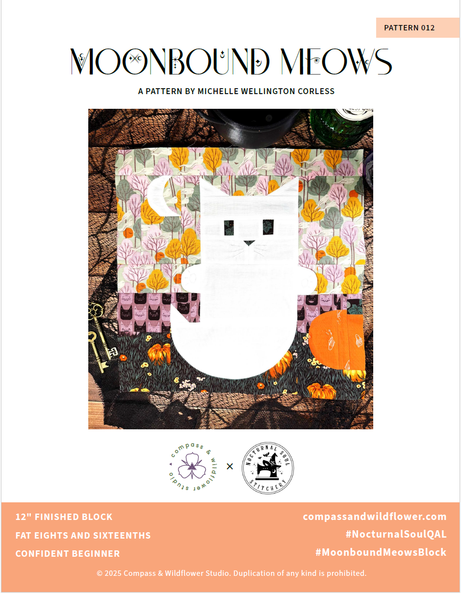 Moonbound Meows quilt block. A quilt block featuring a white cat ghost with a pumpkin, moon, and stripe background. Made in orange, purple, green, and black Halloween fabrics. Displayed on a wood background with spooky lace, metal keys, and a glass potion bottle. Pattern name and logo.