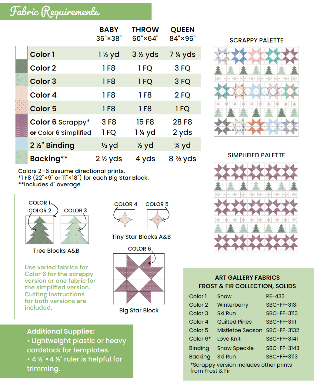 A fabric requirements chart for quilting patterns, showing color and yardage needs for Baby, Throw, and Queen sizes, plus simplified and scrappy palette options. The chart includes fabric color tables, small fabric swatch examples, and block samples.