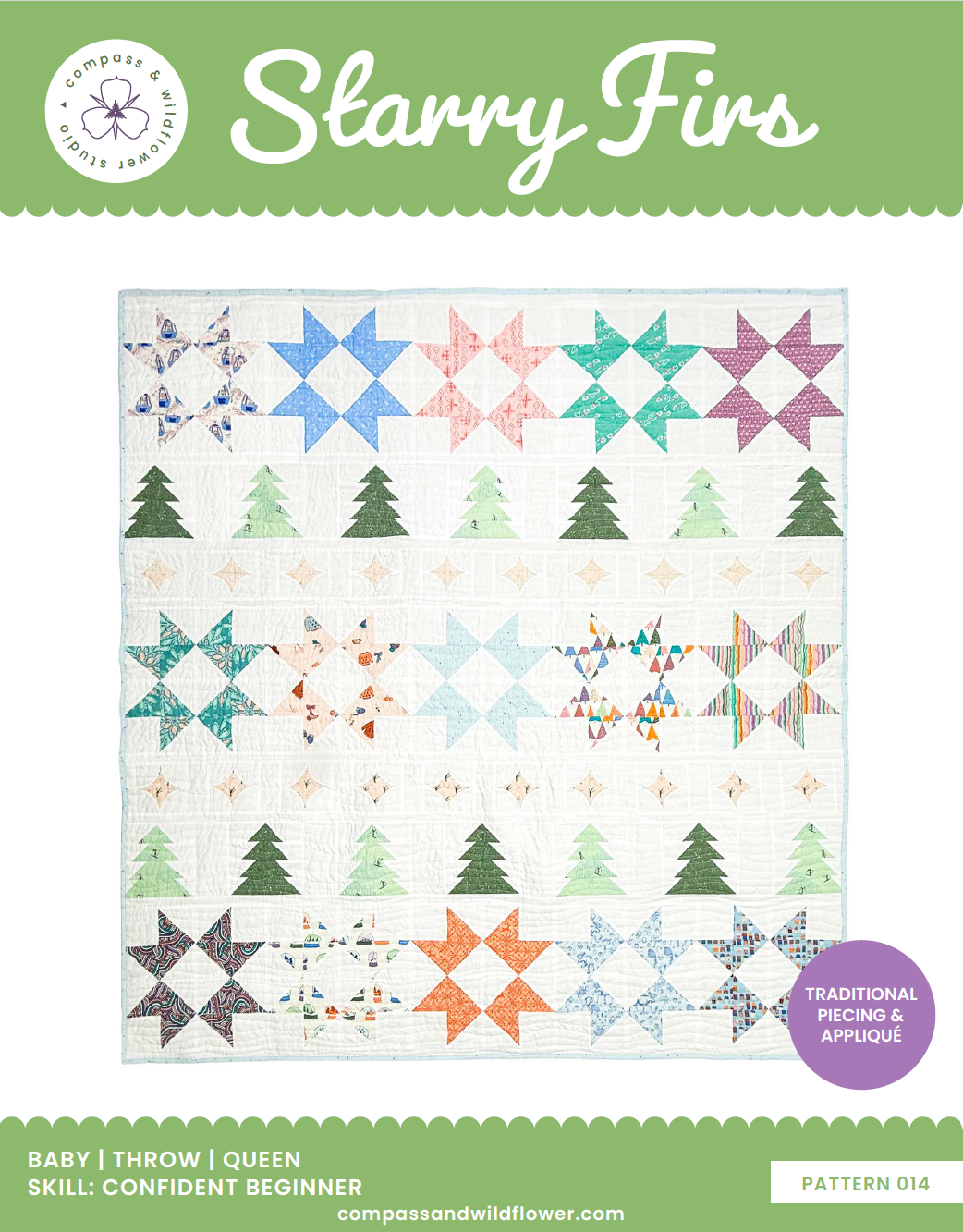 Pattern cover for Starry Firs pattern  featuring a quilt with brightly colored stars and trees on a white background.