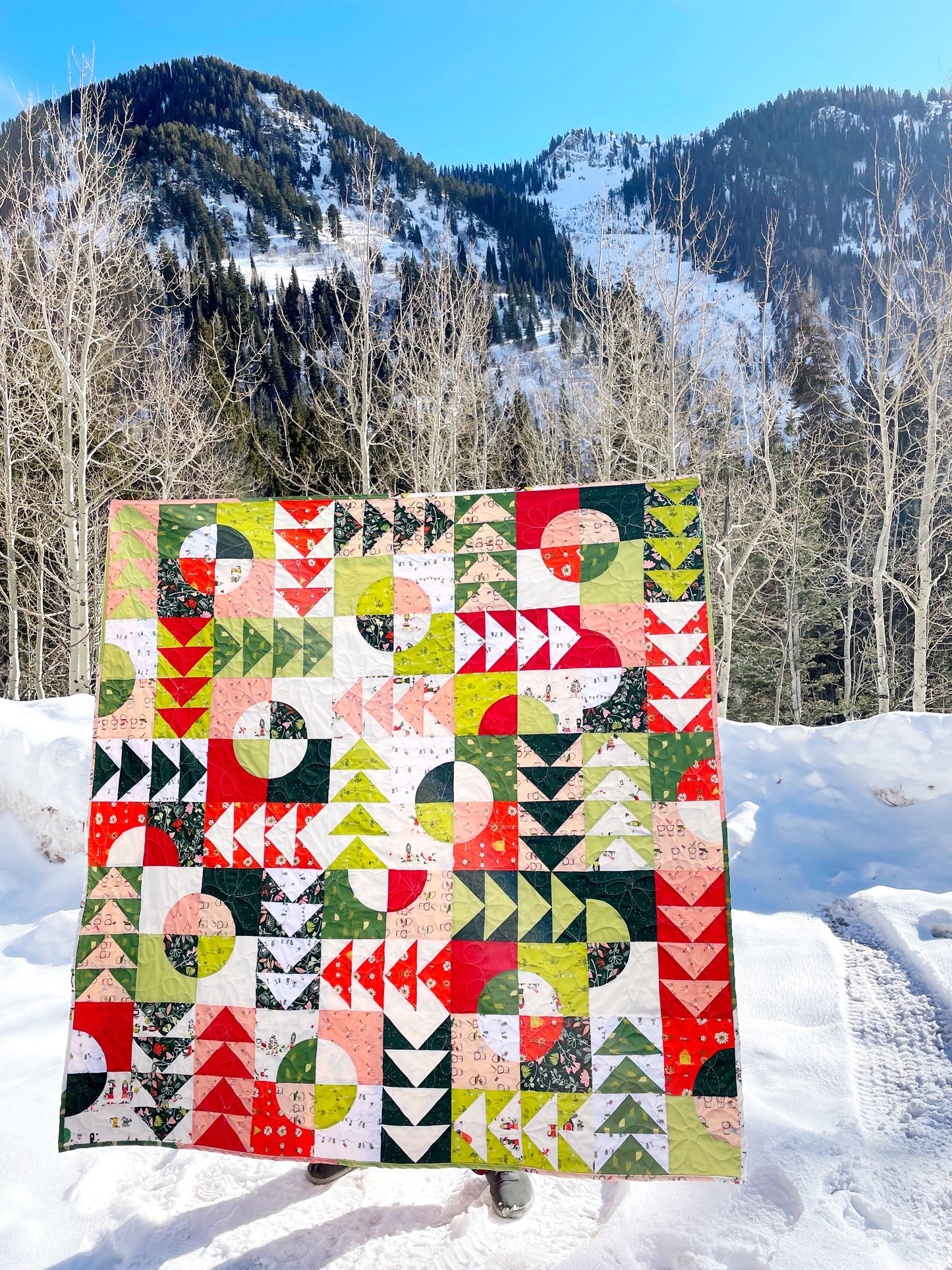 Carrol’s Garden quilt. A geometric quilt with quarter circles distributed with groups of four flying geese. Made of green, red, peach, and white fabrics. Displayed outdoors against a snowy, mountainous landscape.