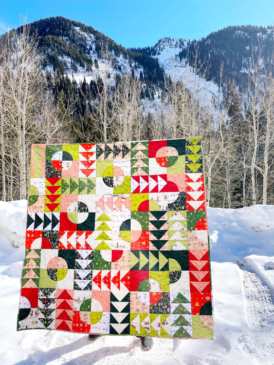 Carrol’s Garden quilt. A geometric quilt with quarter circles distributed with groups of four flying geese. Made of green, red, peach, and white fabrics. Displayed outdoors against a snowy, mountainous landscape.