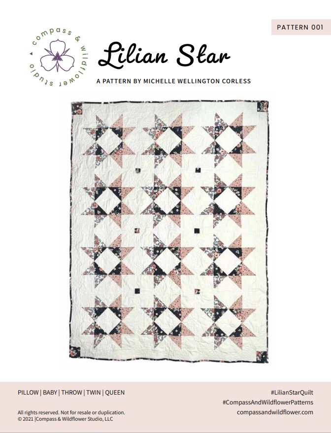 Lilian Star quilt pattern cover with photo of navy and peach quilt on a white background. 