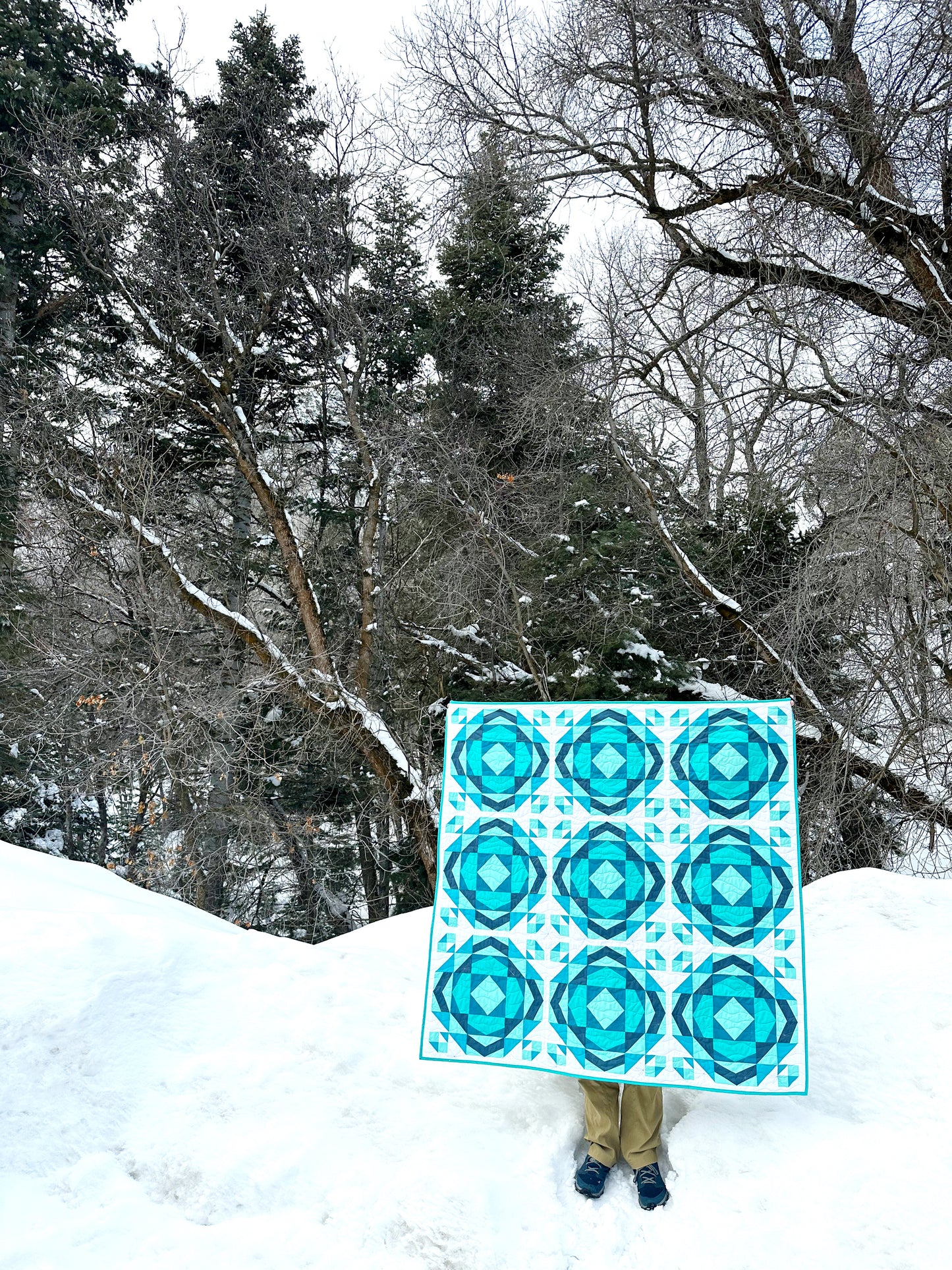 Millcreek quilt. A geometric quilt with a repeating motif that mimics water ripples. Made in varied shades of teal blue with a white background. Displayed outdoors in a snowy mountainous landscape with trees.