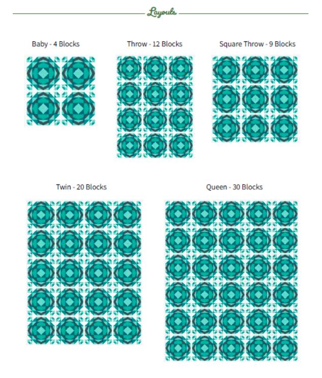 Millcreek Quilt layouts for baby, throw, square throw, twin, and queen sizes.