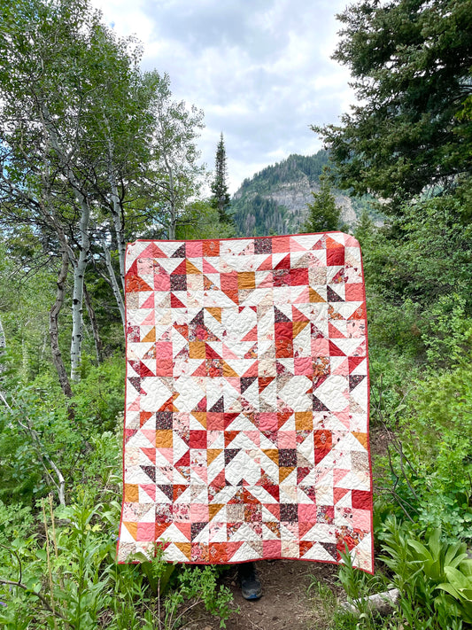 Sweet LaNora quilt. A geometric quilt with triangle and heart motifs made of fabric with red and peach tones.  Displayed outdoor in a mountainous landscape with trees.